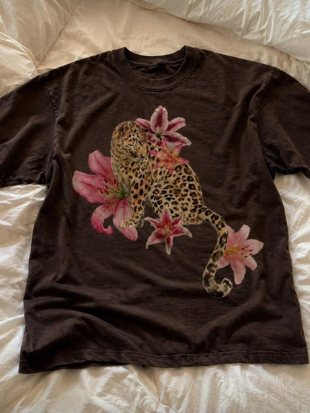 Gildan Black Tee with Leopard and Pink Lily Graphic